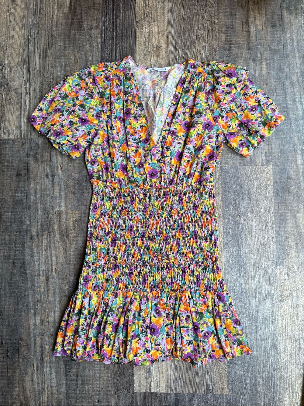Zara Purple & Yellow Floral Smocked Mini Dress
